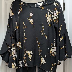 LC Lauren Conrad Black Floral Ruffle Sleeve Blouse